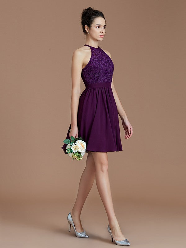 A-Line Charming Halter Sleeveless Lace Short/Mini Chiffon Bridesmaid Dresses