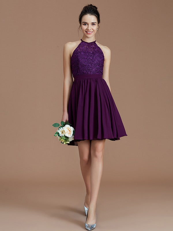 A-Line Charming Halter Sleeveless Lace Short/Mini Chiffon Bridesmaid Dresses