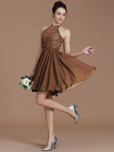 A-Line Charming Halter Sleeveless Lace Short/Mini Chiffon Bridesmaid Dresses