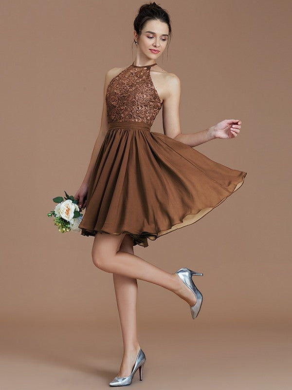 A-Line Charming Halter Sleeveless Lace Short/Mini Chiffon Bridesmaid Dresses