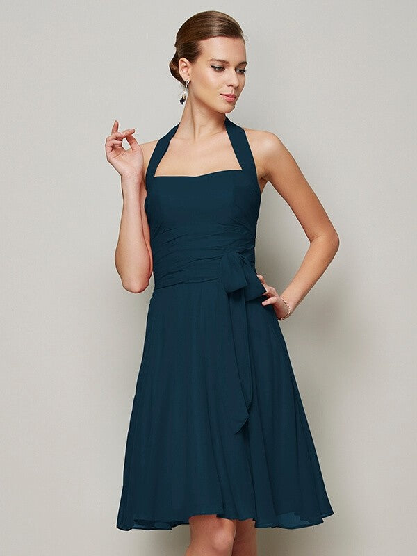 A-Line Charming Halter Sleeveless Pleats Bowknot Short Chiffon Bridesmaid Dresses