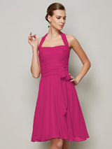 A-Line Charming Halter Sleeveless Pleats Bowknot Short Chiffon Bridesmaid Dresses