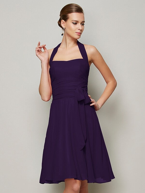 A-Line Charming Halter Sleeveless Pleats Bowknot Short Chiffon Bridesmaid Dresses