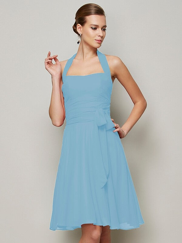 A-Line Charming Halter Sleeveless Pleats Bowknot Short Chiffon Bridesmaid Dresses