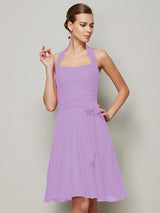 A-Line Charming Halter Sleeveless Pleats Bowknot Short Chiffon Bridesmaid Dresses