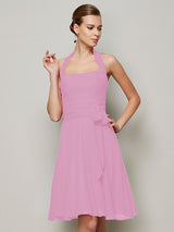 A-Line Charming Halter Sleeveless Pleats Bowknot Short Chiffon Bridesmaid Dresses