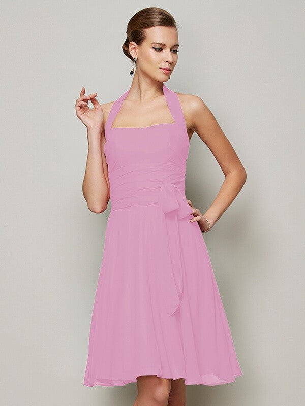 A-Line Charming Halter Sleeveless Pleats Bowknot Short Chiffon Bridesmaid Dresses