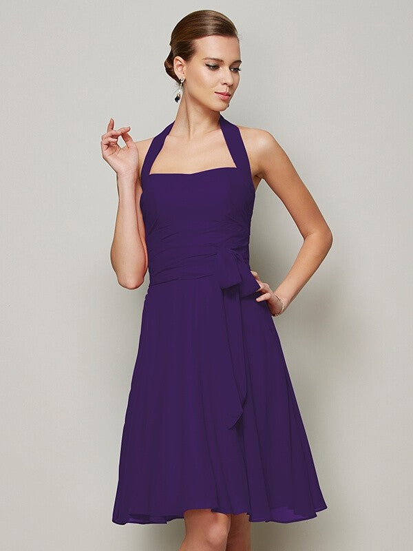 A-Line Charming Halter Sleeveless Pleats Bowknot Short Chiffon Bridesmaid Dresses