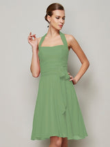 A-Line Charming Halter Sleeveless Pleats Bowknot Short Chiffon Bridesmaid Dresses