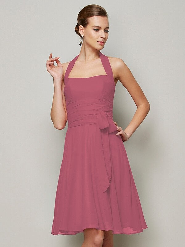 A-Line Charming Halter Sleeveless Pleats Bowknot Short Chiffon Bridesmaid Dresses