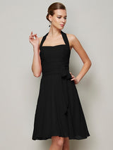 A-Line Charming Halter Sleeveless Pleats Bowknot Short Chiffon Bridesmaid Dresses