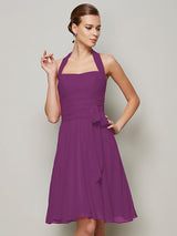 A-Line Charming Halter Sleeveless Pleats Bowknot Short Chiffon Bridesmaid Dresses