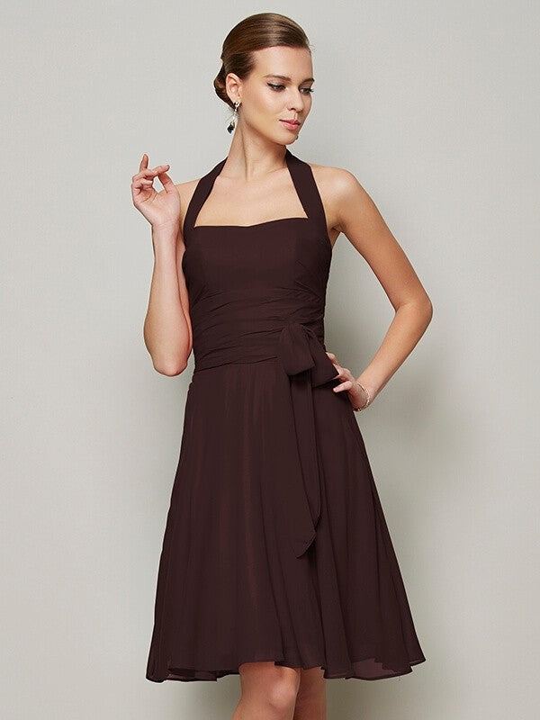 A-Line Charming Halter Sleeveless Pleats Bowknot Short Chiffon Bridesmaid Dresses