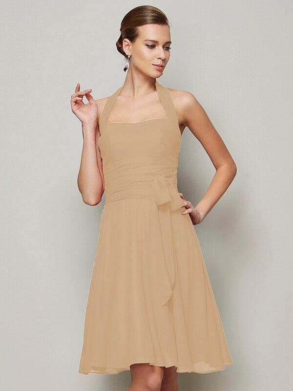 A-Line Charming Halter Sleeveless Pleats Bowknot Short Chiffon Bridesmaid Dresses