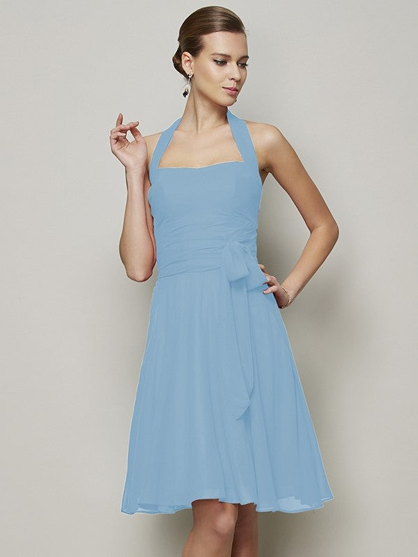 A-Line Charming Halter Sleeveless Pleats Bowknot Short Chiffon Bridesmaid Dresses