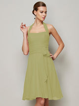 A-Line Charming Halter Sleeveless Pleats Bowknot Short Chiffon Bridesmaid Dresses