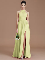 A-Line Charming Halter Sleeveless Ruched Chiffon Bridesmaid Dresses