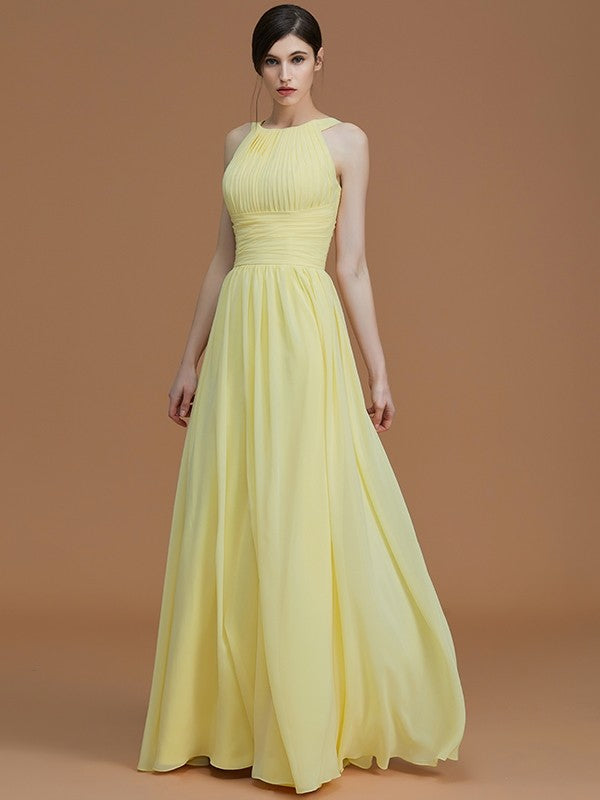 A-Line Charming Halter Sleeveless Ruched Chiffon Bridesmaid Dresses