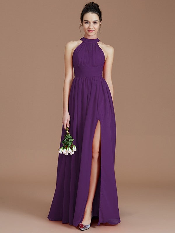 A-Line Charming Halter Sleeveless Ruched Chiffon Bridesmaid Dresses