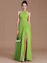 A-Line Charming Halter Sleeveless Ruched Chiffon Bridesmaid Dresses