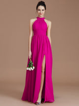 A-Line Charming Halter Sleeveless Ruched Chiffon Bridesmaid Dresses