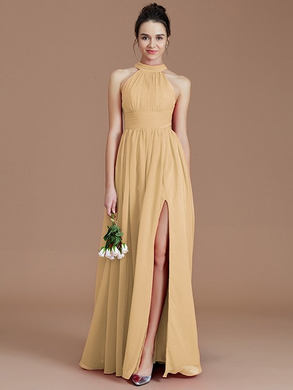 A-Line Charming Halter Sleeveless Ruched Chiffon Bridesmaid Dresses