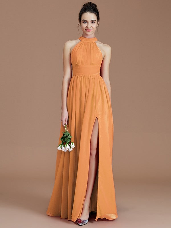 A-Line Charming Halter Sleeveless Ruched Chiffon Bridesmaid Dresses