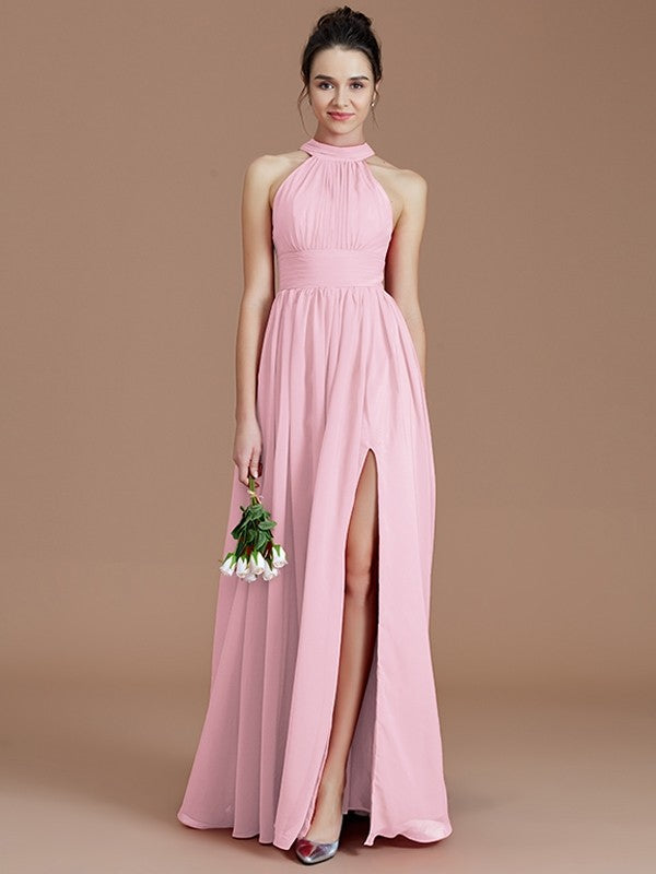 A-Line Charming Halter Sleeveless Ruched Chiffon Bridesmaid Dresses