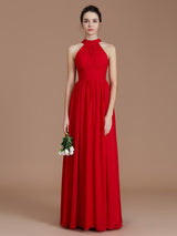 A-Line Charming Halter Sleeveless Ruched Chiffon Bridesmaid Dresses