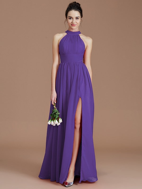 A-Line Charming Halter Sleeveless Ruched Chiffon Bridesmaid Dresses