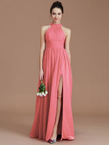 A-Line Charming Halter Sleeveless Ruched Chiffon Bridesmaid Dresses