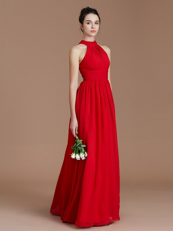 A-Line Charming Halter Sleeveless Ruched Chiffon Bridesmaid Dresses