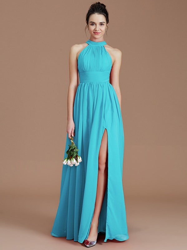 A-Line Charming Halter Sleeveless Ruched Chiffon Bridesmaid Dresses