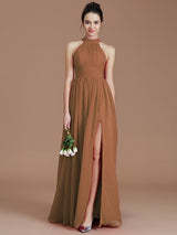 A-Line Charming Halter Sleeveless Ruched Chiffon Bridesmaid Dresses