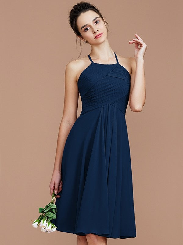 A-Line Charming Halter Sleeveless Ruched Short/Mini Chiffon Bridesmaid Dresses