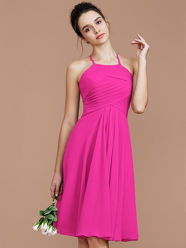 A-Line Charming Halter Sleeveless Ruched Short/Mini Chiffon Bridesmaid Dresses