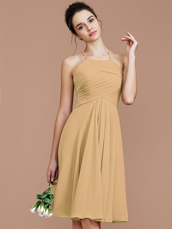 A-Line Charming Halter Sleeveless Ruched Short/Mini Chiffon Bridesmaid Dresses