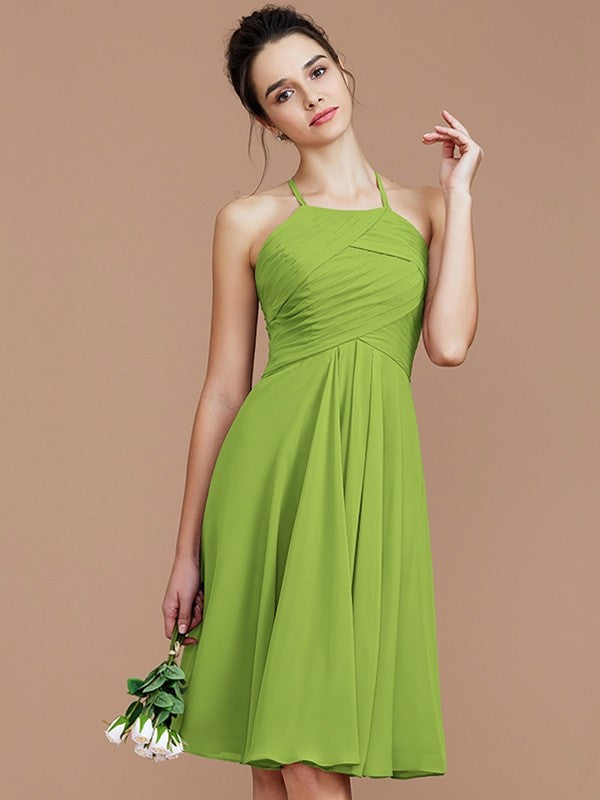 A-Line Charming Halter Sleeveless Ruched Short/Mini Chiffon Bridesmaid Dresses