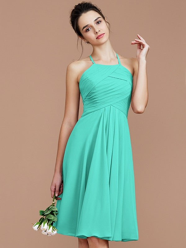 A-Line Charming Halter Sleeveless Ruched Short/Mini Chiffon Bridesmaid Dresses