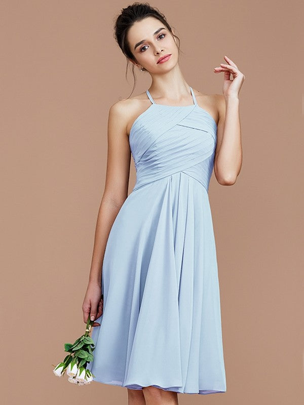 A-Line Charming Halter Sleeveless Ruched Short/Mini Chiffon Bridesmaid Dresses