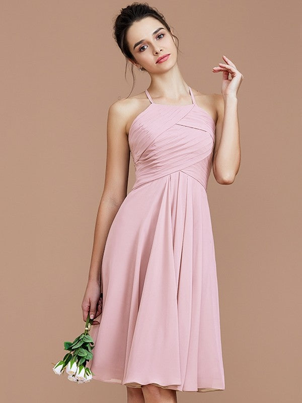 A-Line Charming Halter Sleeveless Ruched Short/Mini Chiffon Bridesmaid Dresses