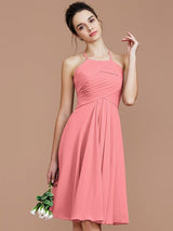 A-Line Charming Halter Sleeveless Ruched Short/Mini Chiffon Bridesmaid Dresses