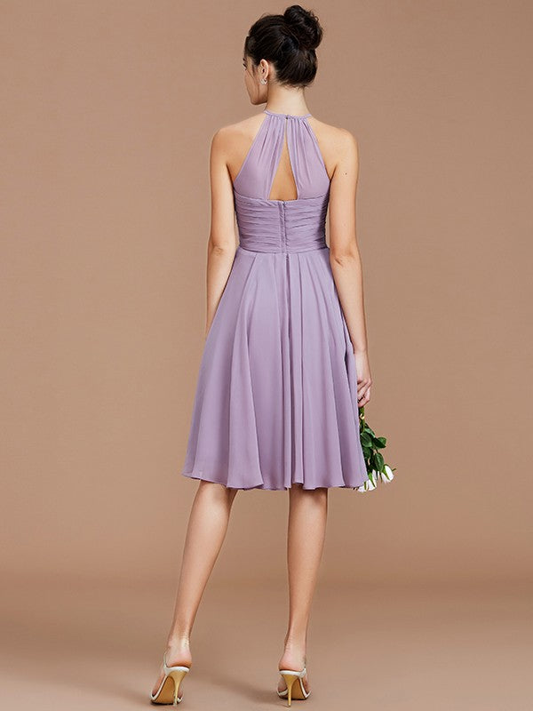 A-Line Charming Halter Sleeveless Ruched Short/Mini Chiffon Bridesmaid Dresses