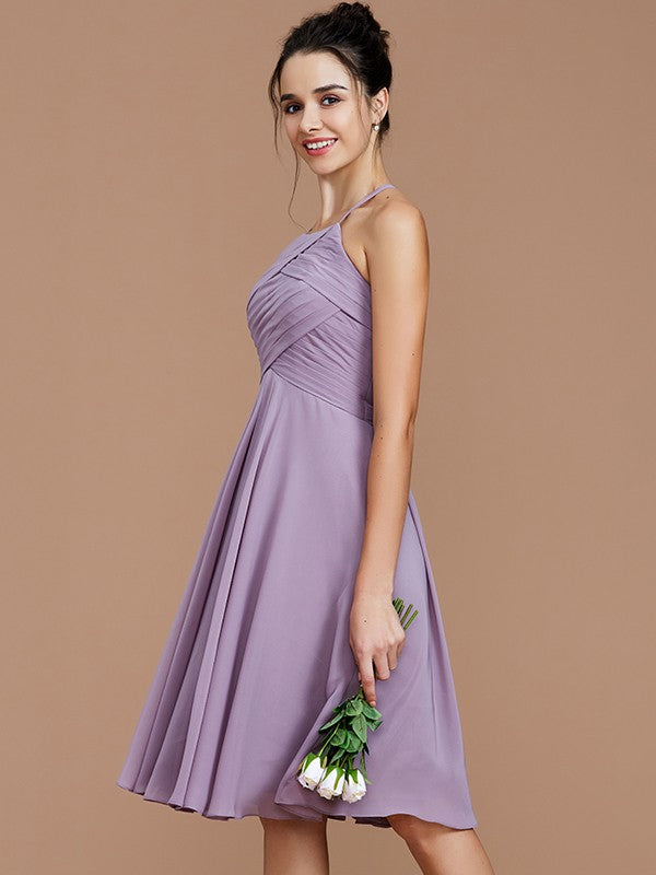 A-Line Charming Halter Sleeveless Ruched Short/Mini Chiffon Bridesmaid Dresses