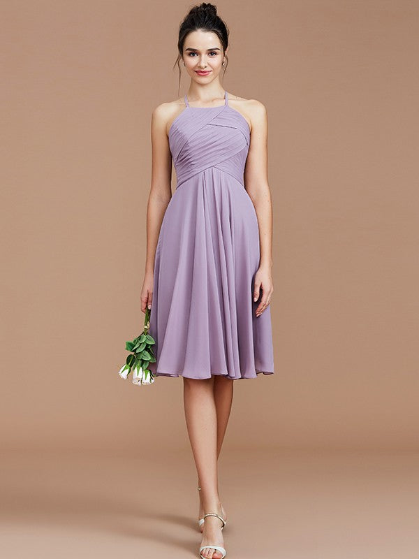 A-Line Charming Halter Sleeveless Ruched Short/Mini Chiffon Bridesmaid Dresses