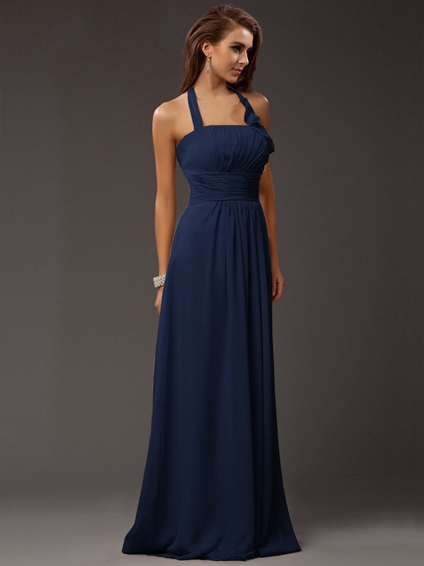 Charming Halter Sleeveless Ruffles Long Chiffon Bridesmaid Dresses