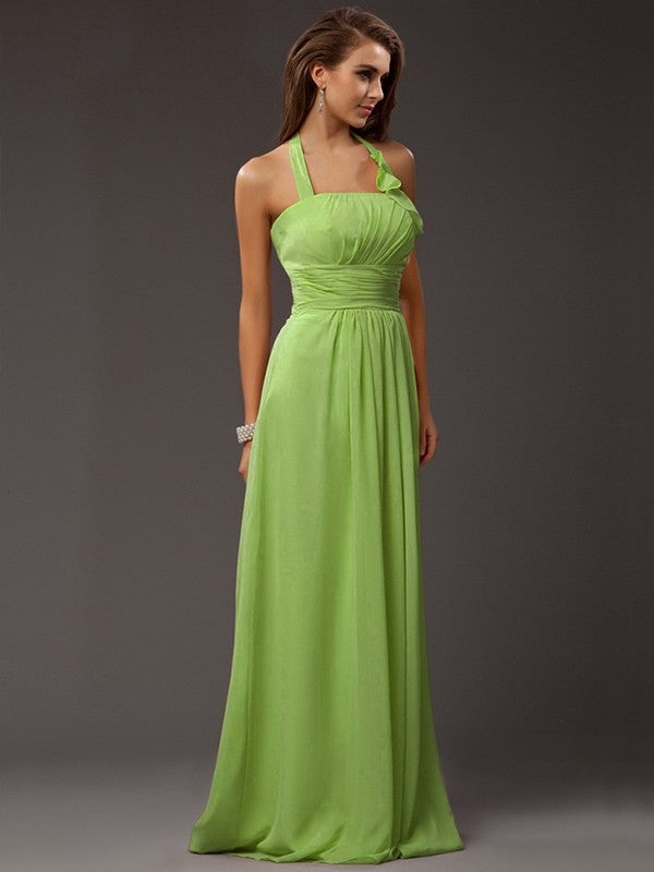 Charming Halter Sleeveless Ruffles Long Chiffon Bridesmaid Dresses