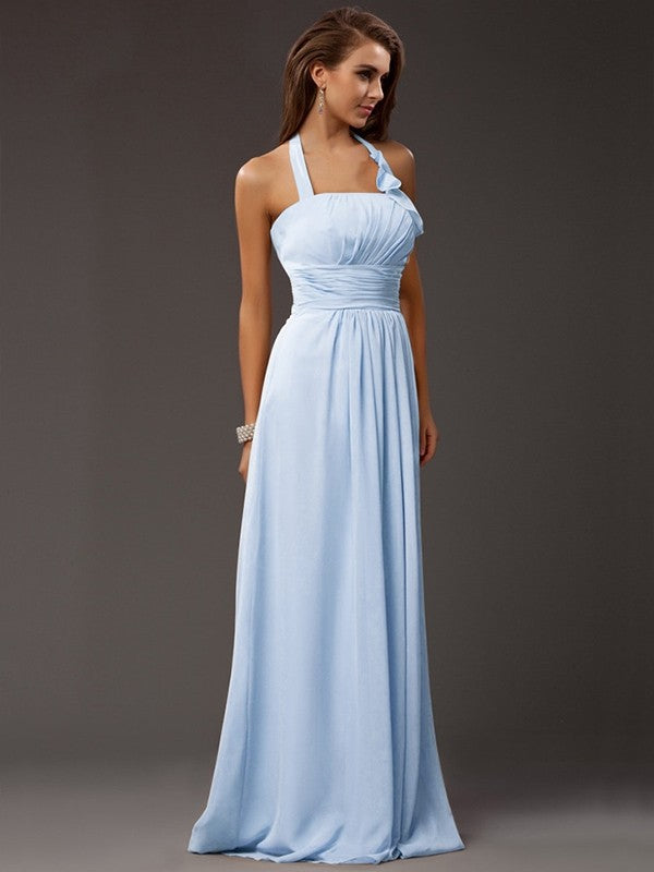 Charming Halter Sleeveless Ruffles Long Chiffon Bridesmaid Dresses