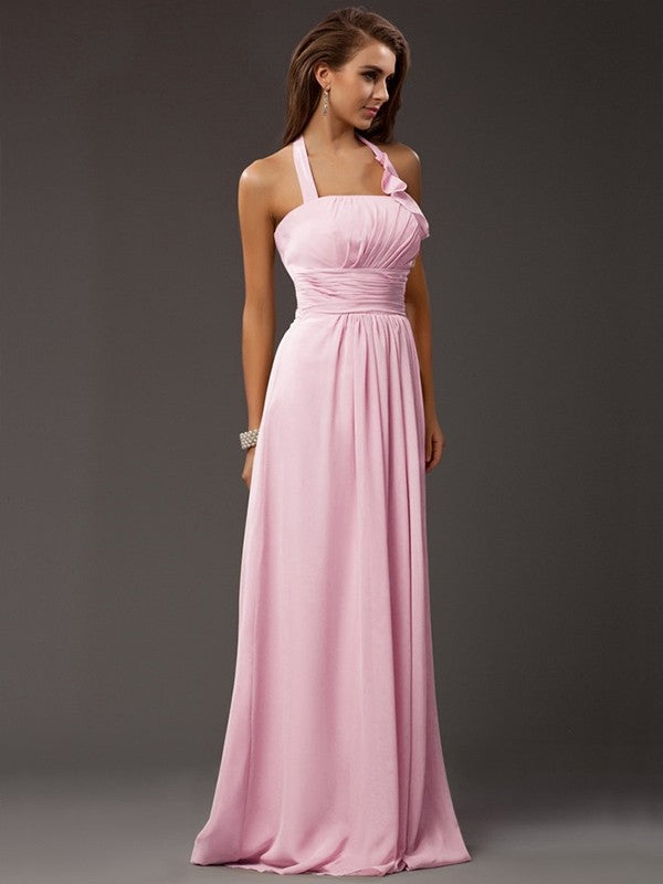 Charming Halter Sleeveless Ruffles Long Chiffon Bridesmaid Dresses