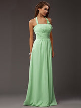 Charming Halter Sleeveless Ruffles Long Chiffon Bridesmaid Dresses